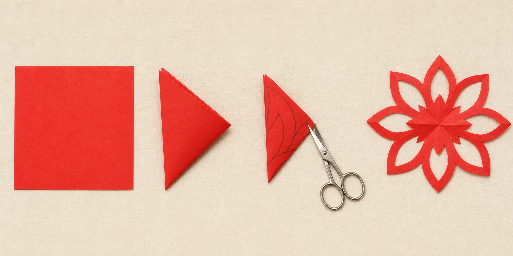 Four-stage visual sequence showing a square of red paper becoming a folded lotus paper cutting