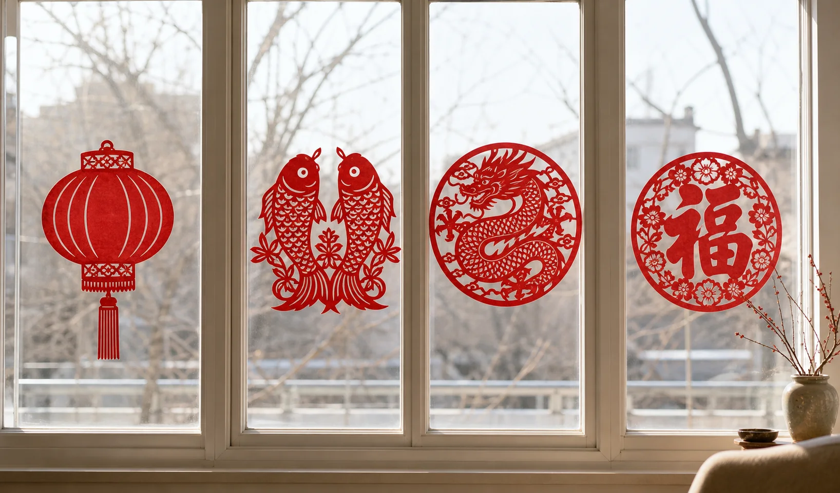 Red lantern, paired fish, dragon, and Fu paper cuttings displayed on a bright window