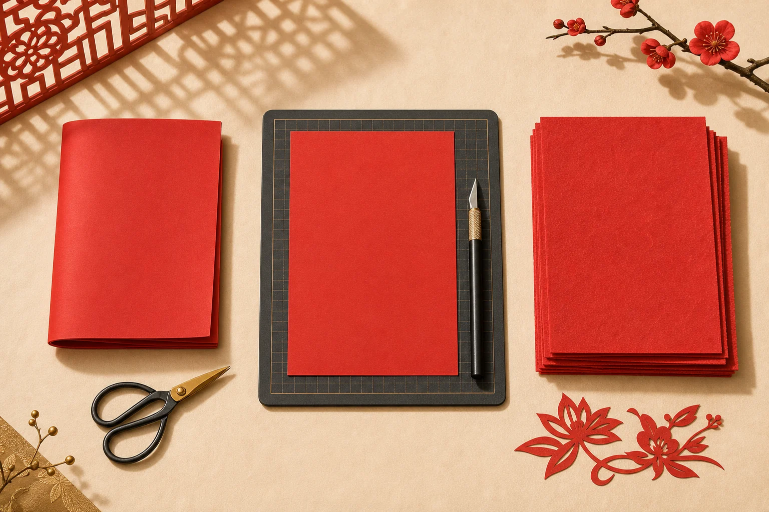 Three red paper cutting setups showing folded paper with scissors, a flat sheet on a cutting mat with a knife, and a heavier layered stack