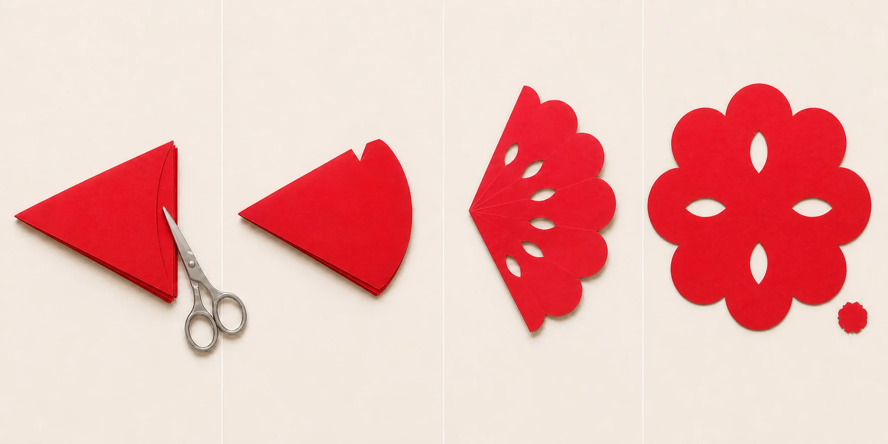Four-panel concept illustration of one rounded end cut, one folded-edge V notch, and an opened red flower with eight petals and four holes