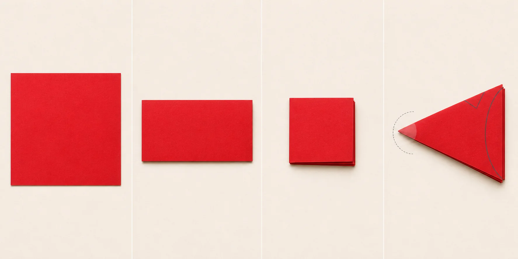 Four-panel concept illustration of a red square folded into a triangular packet and marked at the open edge