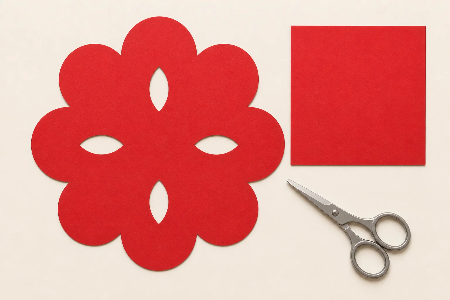 Concept illustration of a connected red paper cutting with eight broad petals, four almond-shaped openings, and a solid center